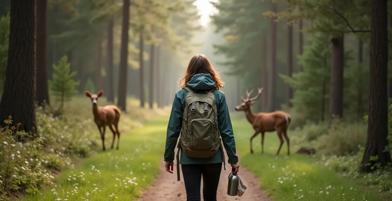 Wanderer auf markiertem Waldweg mit respektvollem Abstand zur Natur