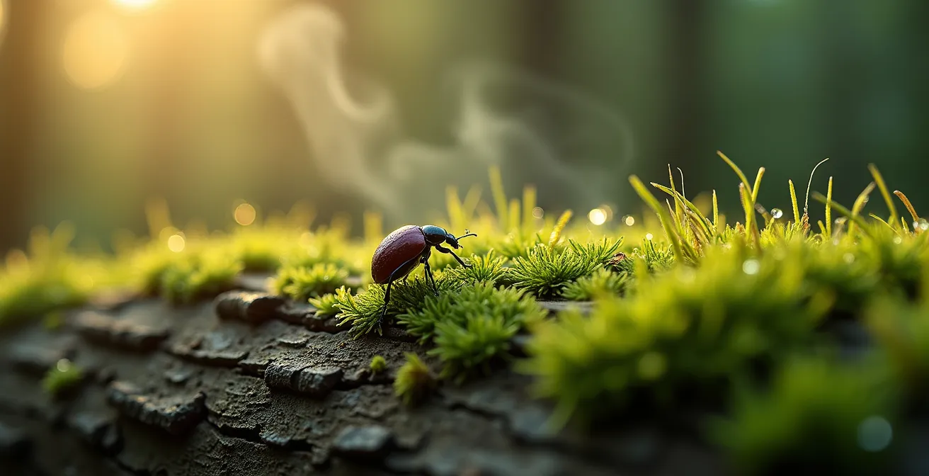 Makroaufnahme von Moos und Tautropfen auf Baumrinde im Morgenlicht