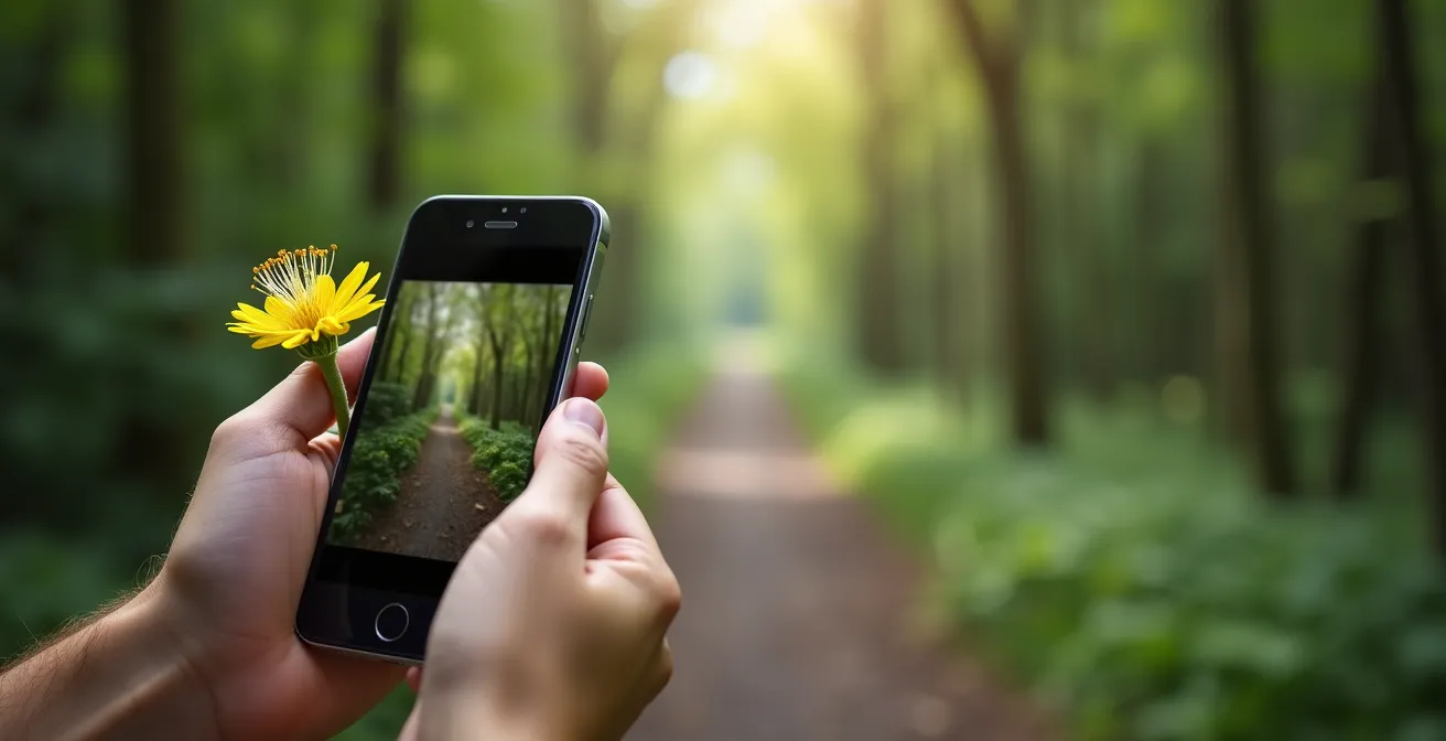 Wanderer nutzt Smartphone-App zur Artenbestimmung in deutschem Naturpark