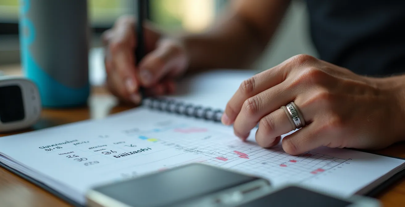 Nahaufnahme von Sportlerhänden mit Trainingsnotizen und Analysedaten