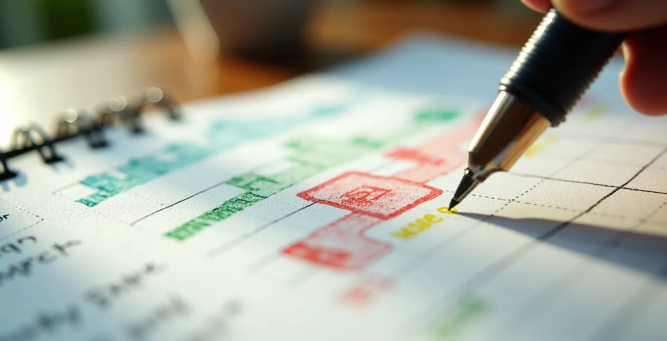Nahaufnahme eines handschriftlichen Energie-Tagebuchs mit Farbmarkierungen für Energiequellen und -räuber