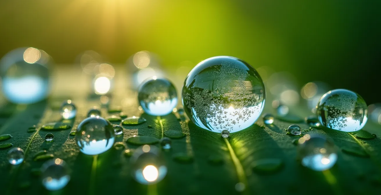 Makroaufnahme von Tautropfen auf Blatt zeigt natürlichen Rhythmus