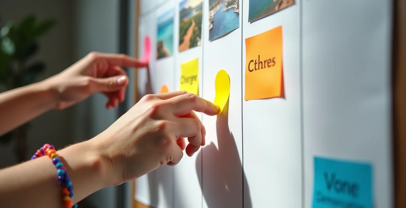 Eine Familie bei der gemeinsamen Planung, bei der Hände unterschiedlichen Alters mit bunten Klebepunkten auf einem Board für Aktivitäten abstimmen.