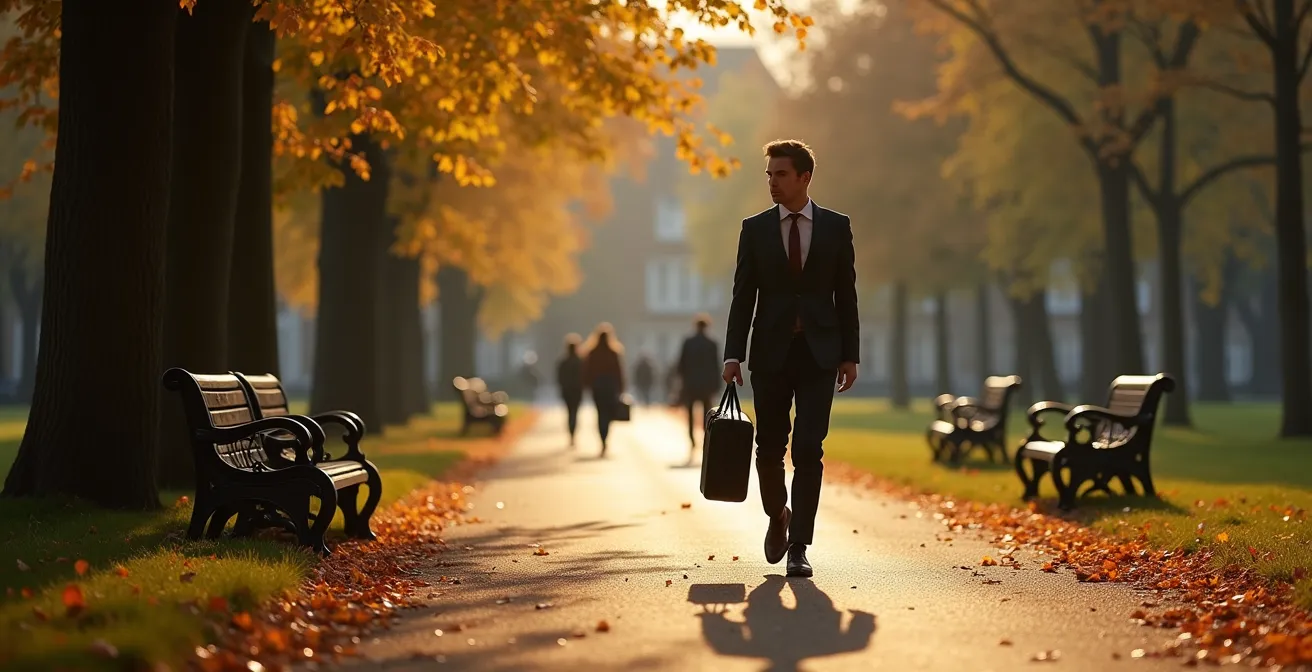 Person beim achtsamen Spaziergang durch einen deutschen Stadtpark bei Sonnenuntergang, um den Arbeitstag bewusst abzuschließen.