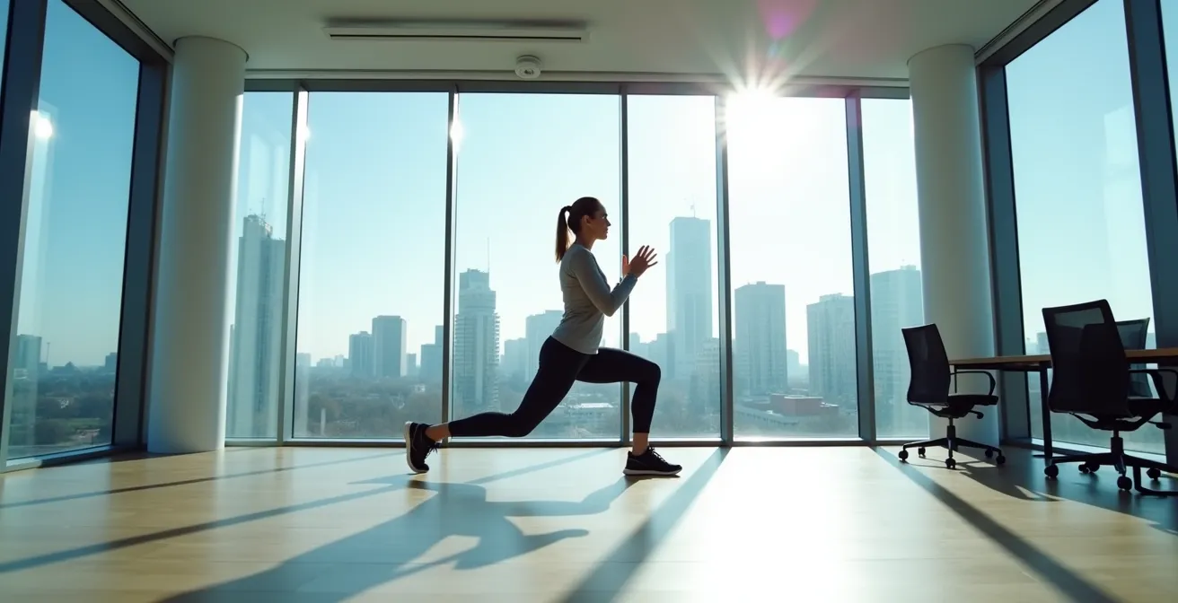 Geschäftsfrau in Sportkleidung macht Ausfallschritte in einem modernen deutschen Büroraum während der Mittagspause