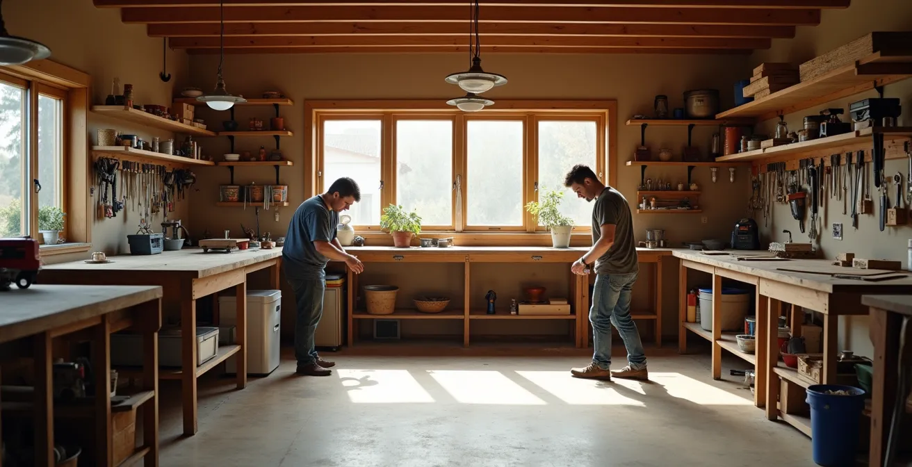 Ein Erwachsener zeigt einem Kind eine handwerkliche Fertigkeit in einer hellen, aufgeräumten Werkstatt, was den Austausch von Wissen zwischen Generationen symbolisiert.