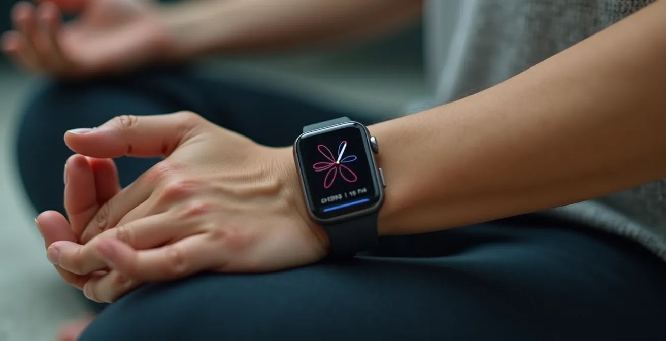 Nahaufnahme einer Hand mit Smartwatch, die HRV-Daten in Echtzeit anzeigt