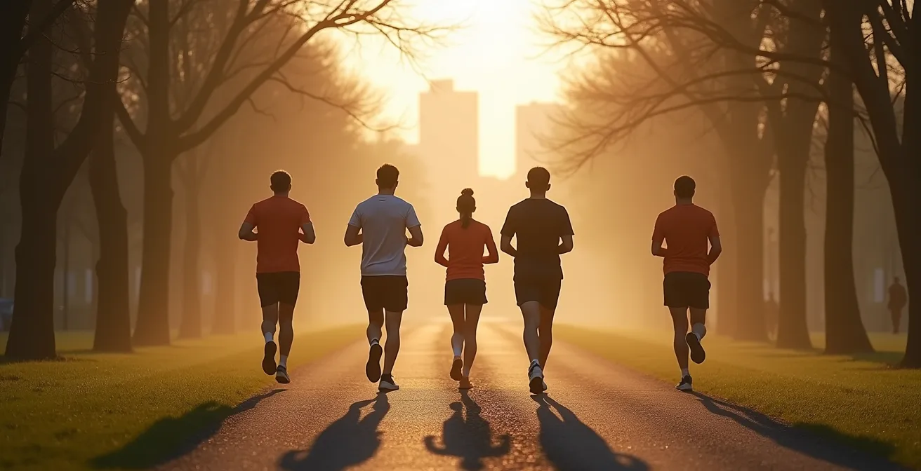 Eine kleine Gruppe von Läufern trifft sich in einem Stadtpark bei Morgendämmerung, bereit für einen gemeinsamen Lauf.