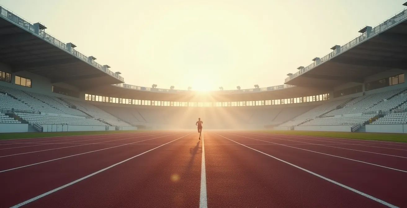 Weitwinkelaufnahme eines Athleten auf der Laufbahn während eines Leistungstests