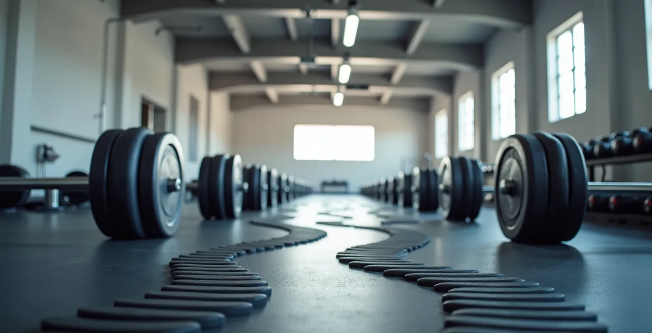 Minimalistische Darstellung von Trainingszyklen als Wellenformen in einem modernen Fitnessstudio