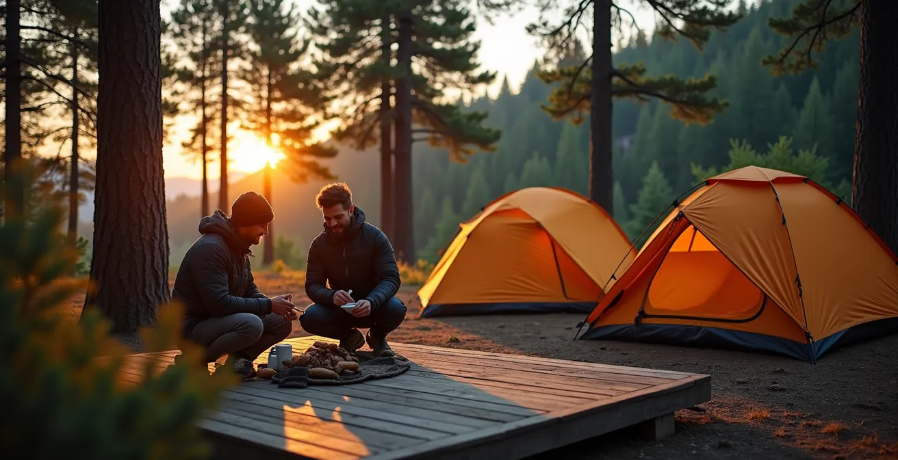 Zeltplatz im Schwarzwald bei Abenddämmerung mit aufgestellten Zelten zwischen Tannen