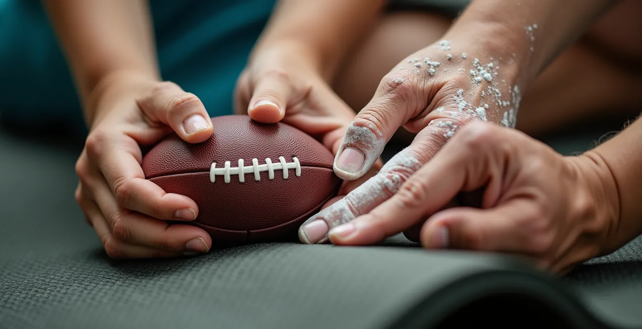 Makroaufnahme verschiedener Hände, die unterschiedliche Sportgeräte wie einen Ball, eine Klettergriff und eine Yogamatte berühren, um die Vielfalt des Sports darzustellen.