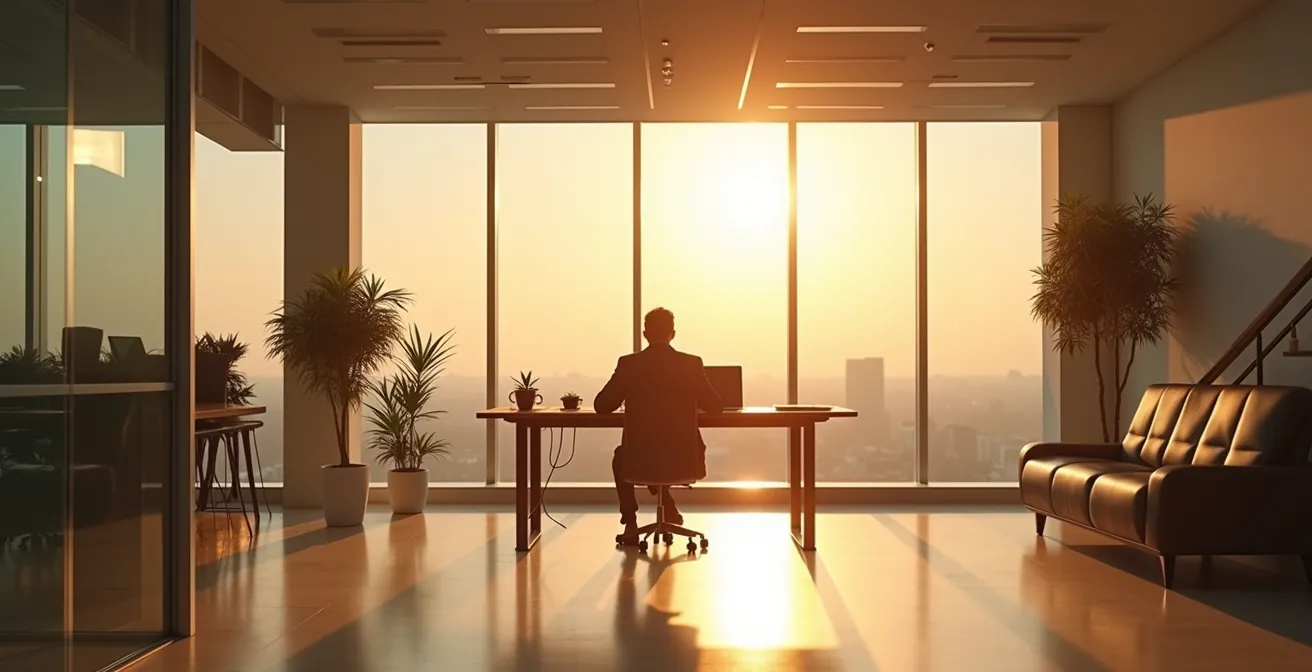 Moderner Arbeitsplatz bei goldenem Morgenlicht, der die optimale Energiephase des Tages symbolisiert.
