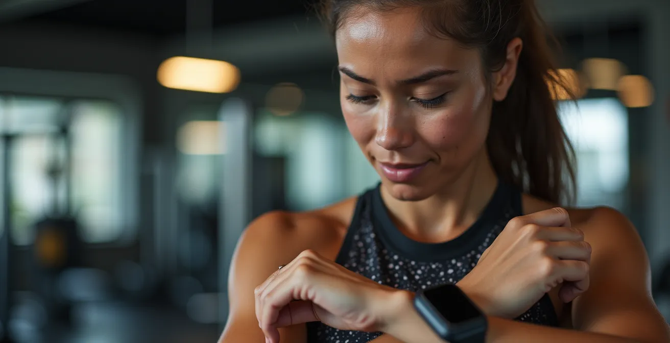 Athlet mit Sportuhr zeigt HRV-Daten beim Training im Fitnessstudio