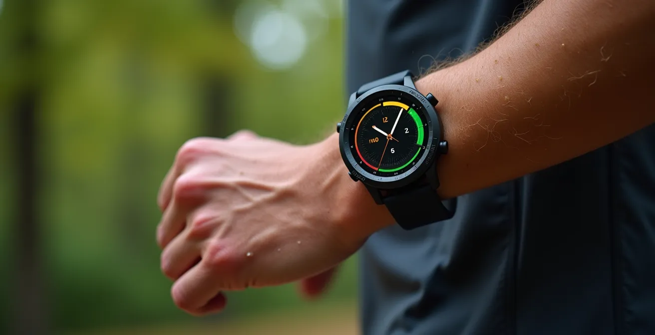 Makroaufnahme einer Sportuhr am Handgelenk zeigt Herzfrequenzzonen durch farbige LEDs