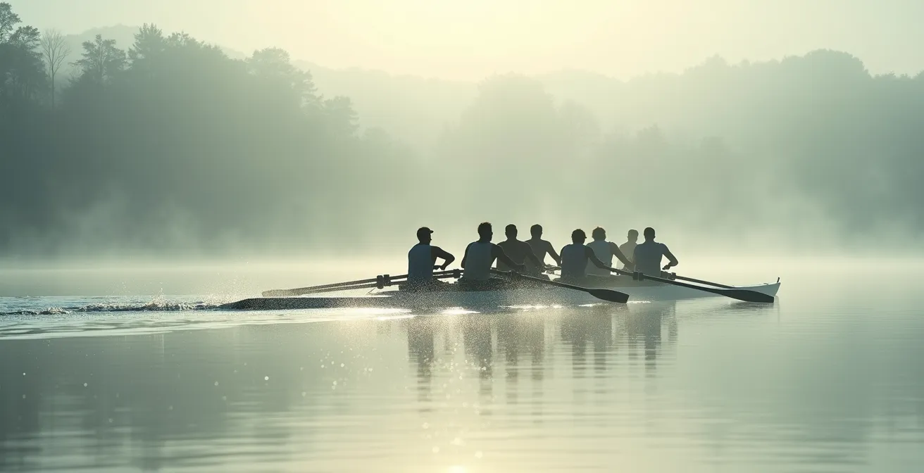 Gruppe beim gemeinsamen Rudertraining auf einem See