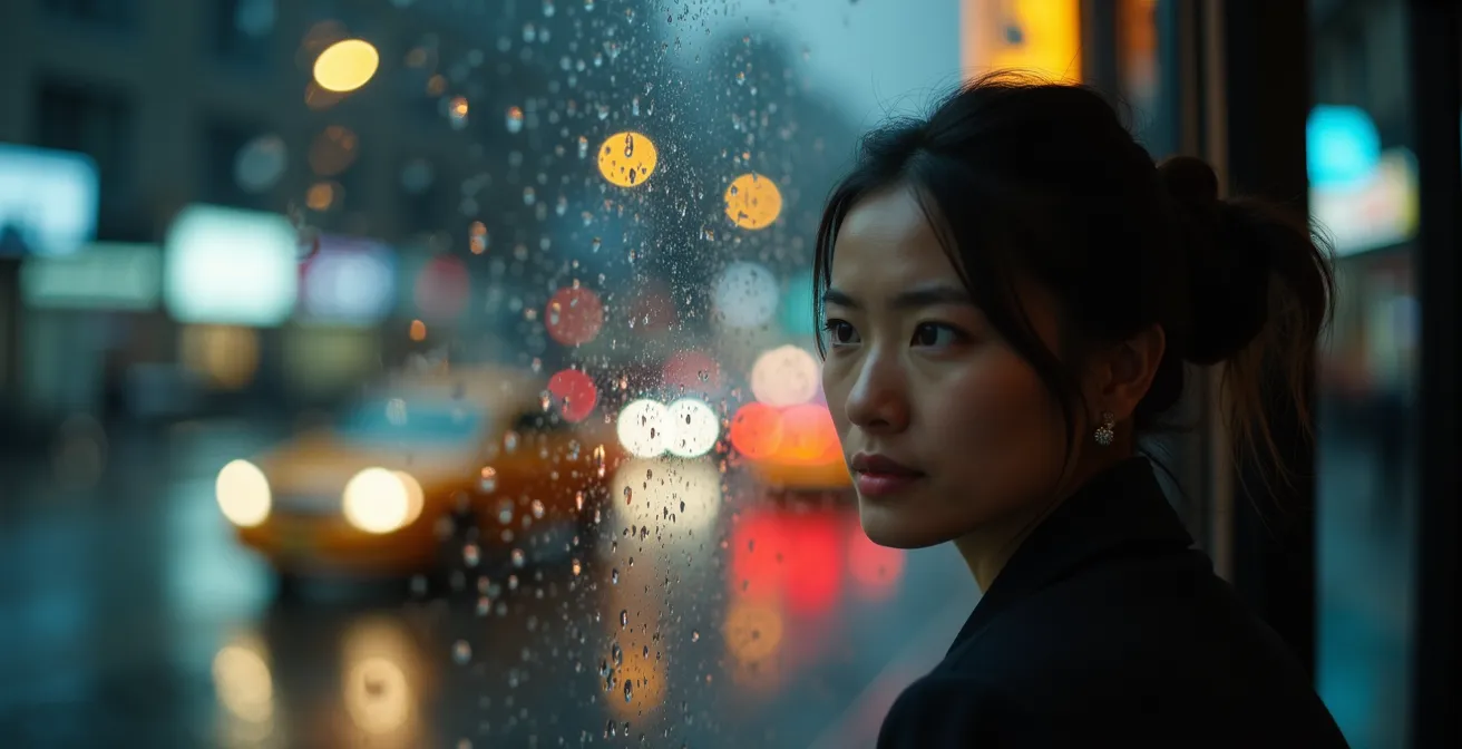 Nahaufnahme erschöpfter Geschäftsfrau in lauter Großstadtumgebung