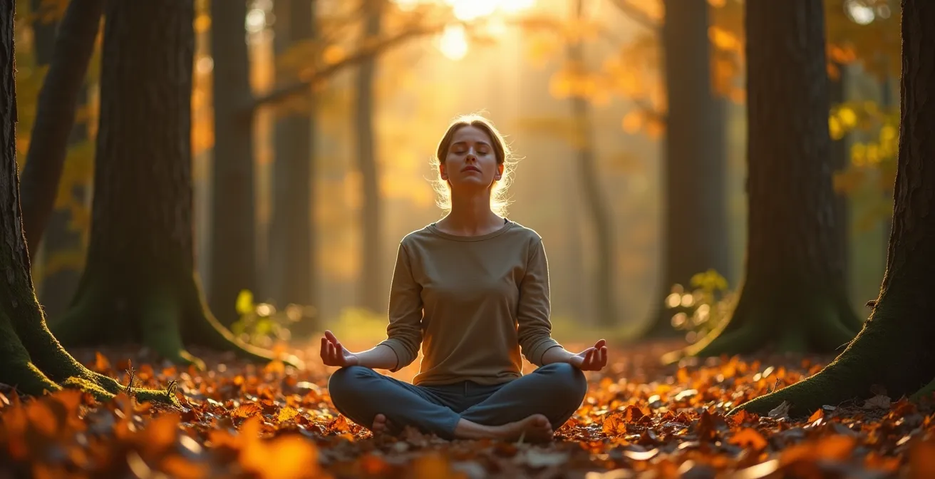 Person meditiert an einem Sit-Spot im deutschen Buchenwald
