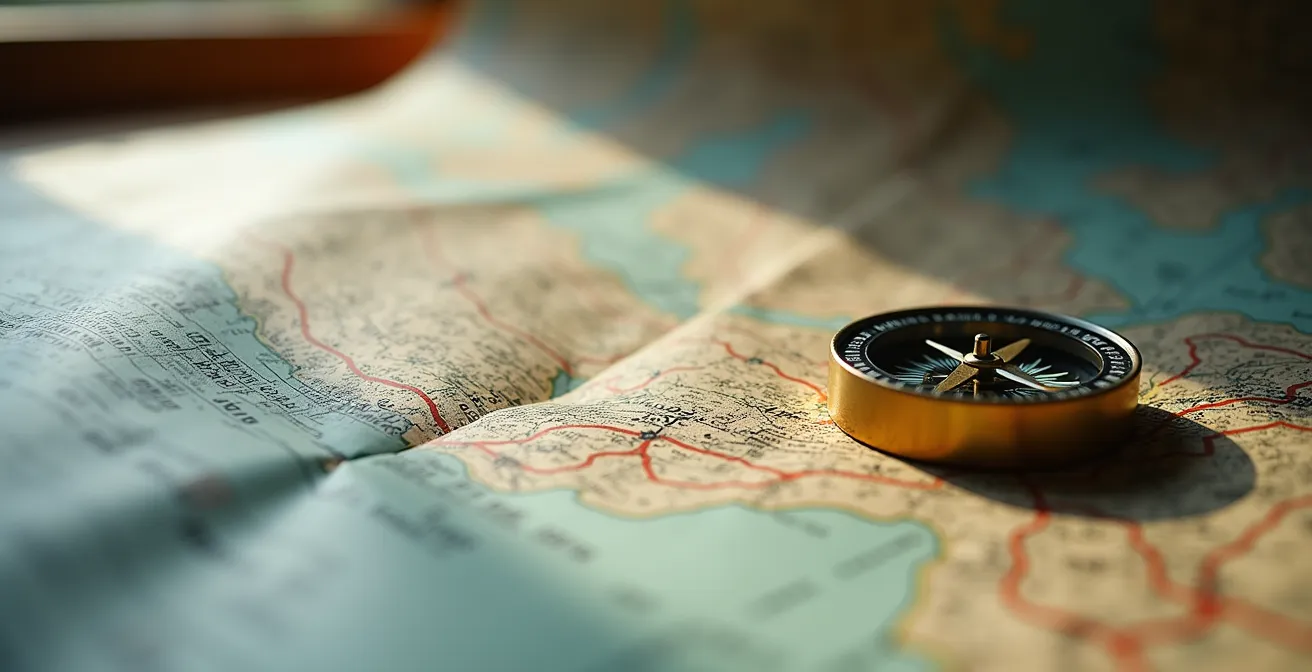 Makroaufnahme einer topografischen Wanderkarte mit Kompass und Markierungen