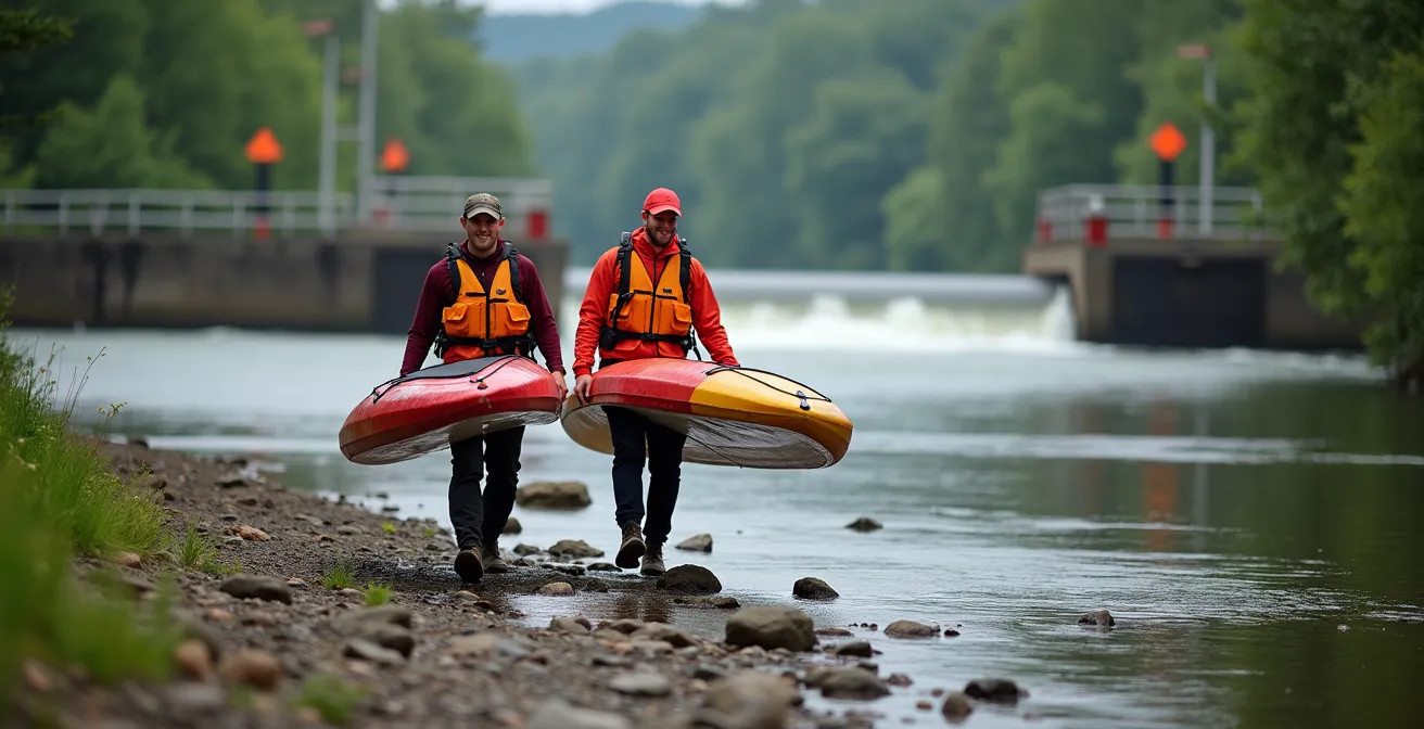 Wehr mit Warnschildern aus sicherer Entfernung fotografiert