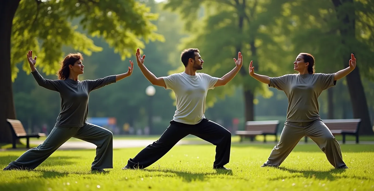 Drei Personen praktizieren gleichzeitig verschiedene Bewegungsformen in einem deutschen Park