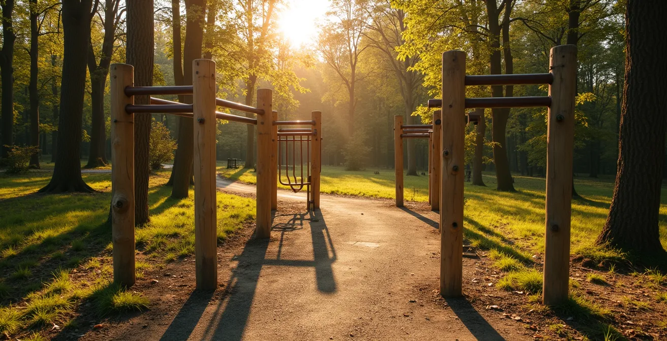 Trainingsfortschritt über 8 Wochen in vier Phasen dargestellt, visualisiert durch eine leere Trimm-Dich-Pfad-Anlage in einem deutschen Wald bei Sonnenuntergang.