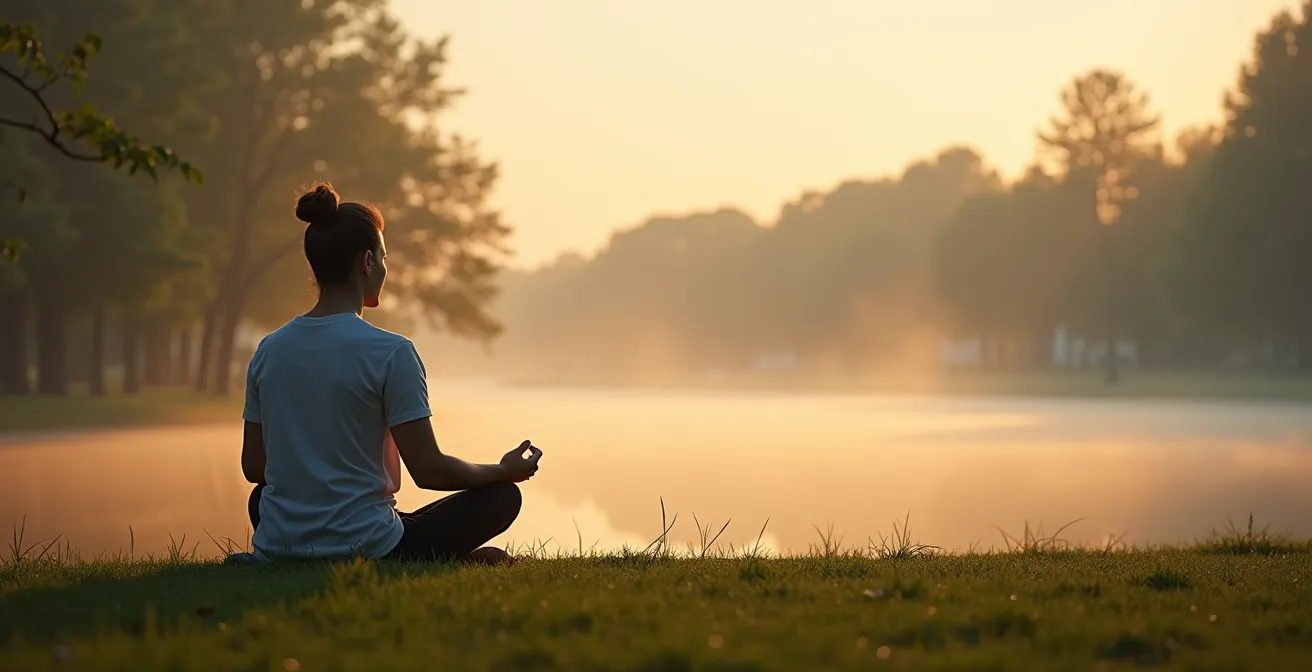 Person in entspannter Yoga-Position im Park mit Fitness-Tracker am Handgelenk