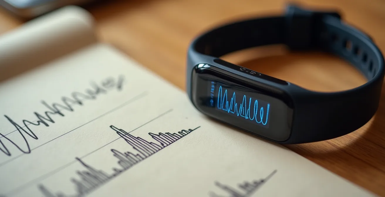 Kalender mit markierten Trainingswochen und einem HRV-Messgerät auf einem Holztisch, das die progressive Steigerung der Stresstoleranz symbolisiert.