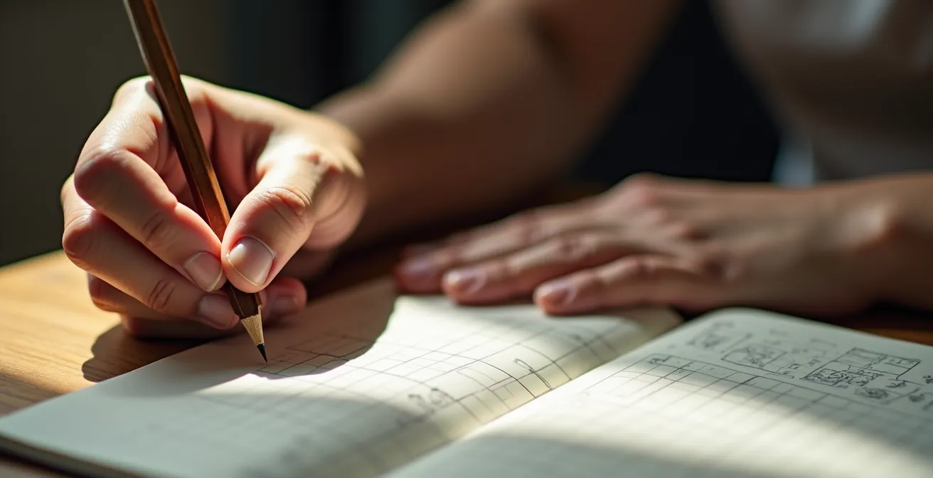 Makroaufnahme von Händen, die mit einem Bleistift Notizen in einem Trainingslogbuch mit Rastermuster machen.