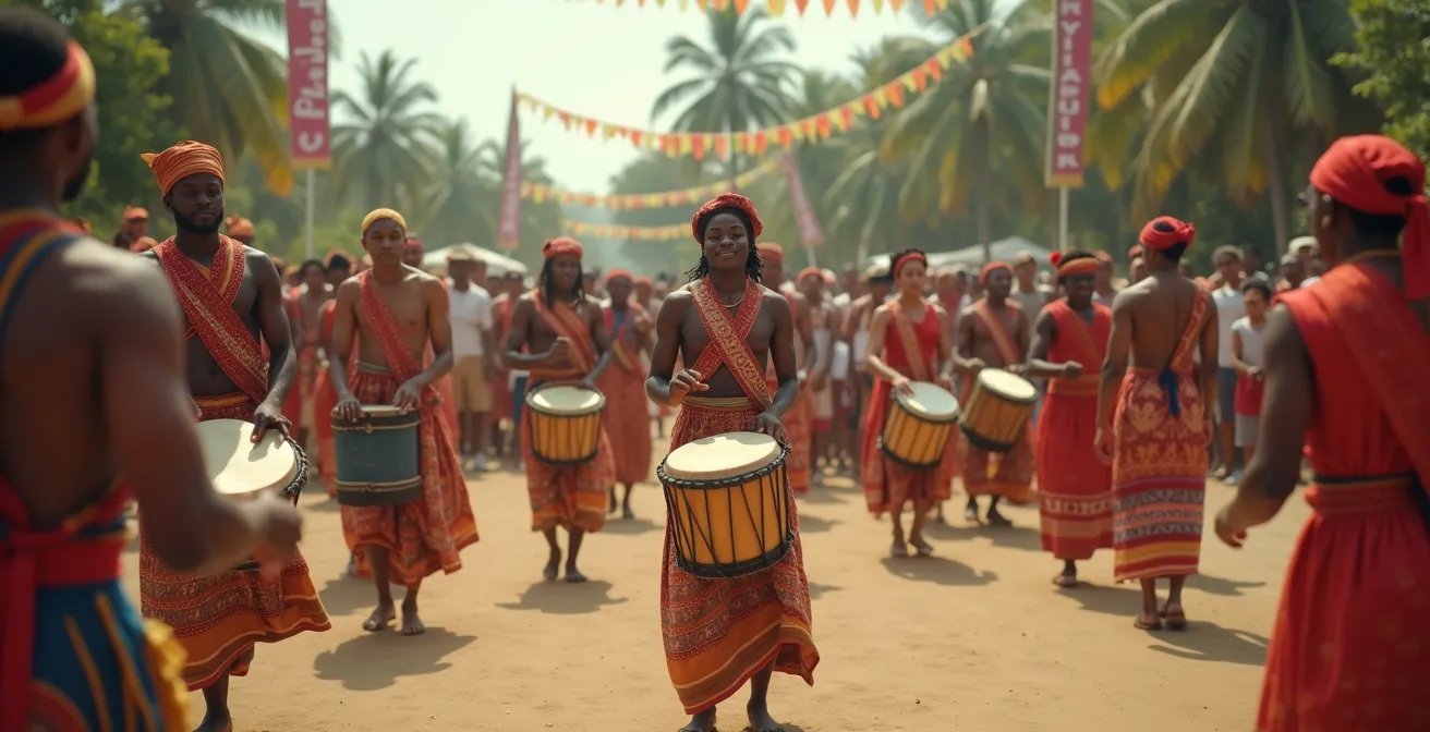 Vielfältige Gruppe bei traditionellem Fest mit respektvoller Distanz und aktiver Teilnahme