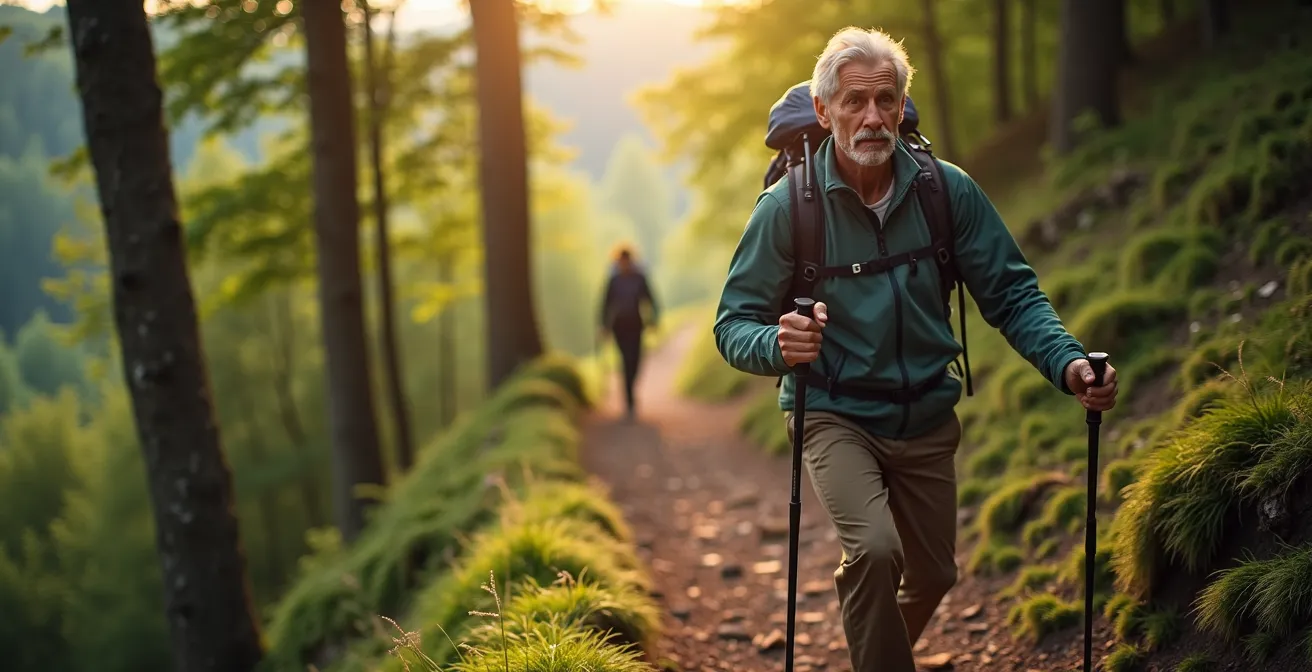 Wanderer beim Training im deutschen Mittelgebirge als Vorbereitung auf eine Alpenüberquerung
