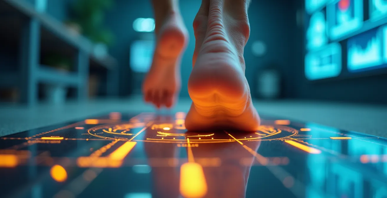 Makroaufnahme einer biomechanischen Fußanalyse mit Druckmessplatte