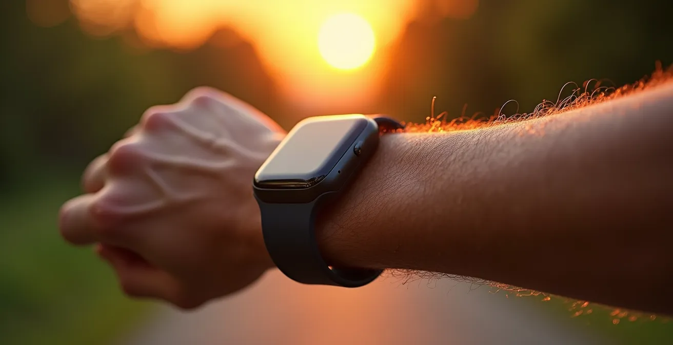 Nahaufnahme eines Sportlers beim morgendlichen Training mit unscharfem Sonnenaufgang im Hintergrund