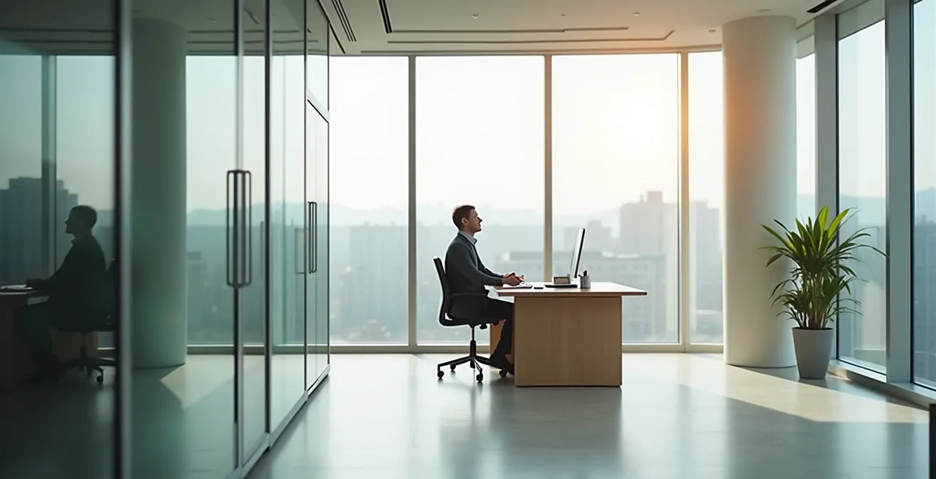 Geschäftsperson praktiziert diskrete Atemübung am Schreibtisch