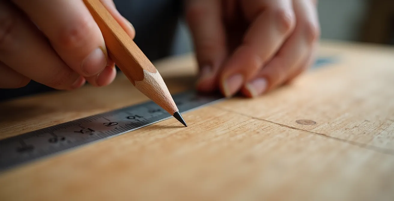 Nahaufnahme von Händen beim präzisen Messen und Markieren von Buchenholz