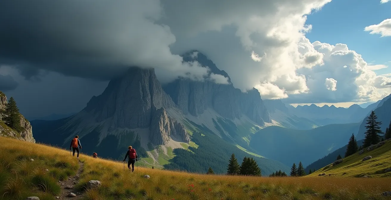 Bedrohliches Gewitter zieht über scharfe Alpengipfel auf und symbolisiert die Gefahr von Wetterumschwüngen.