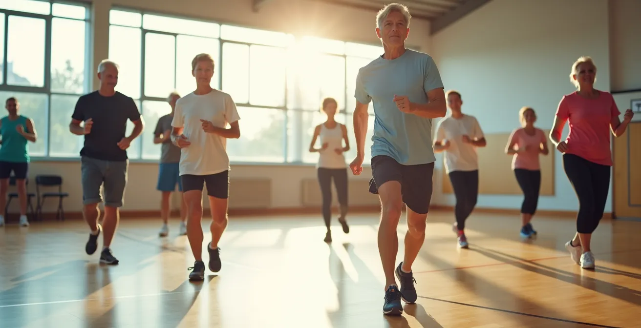 Herzsportgruppe beim gemeinsamen Training in deutscher Sporthalle unter ärztlicher Betreuung