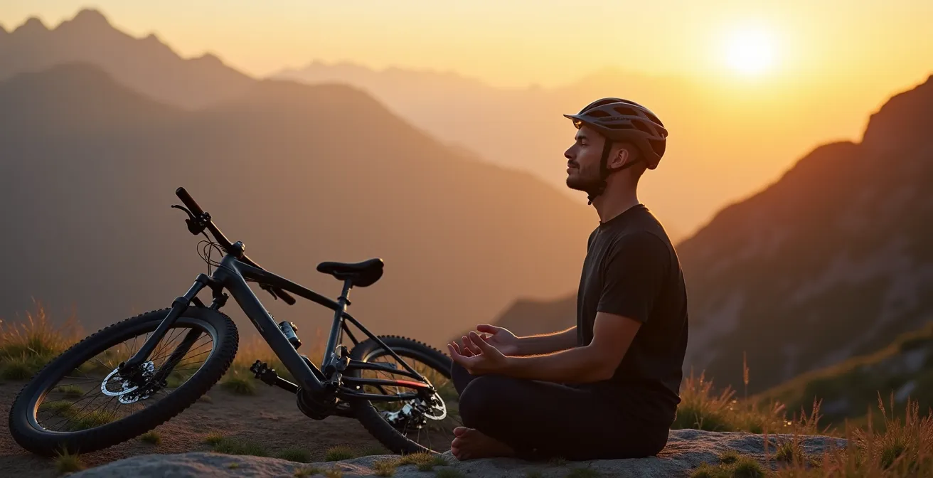 Mountainbiker pausiert meditativ auf Berggipfel mit Panoramablick