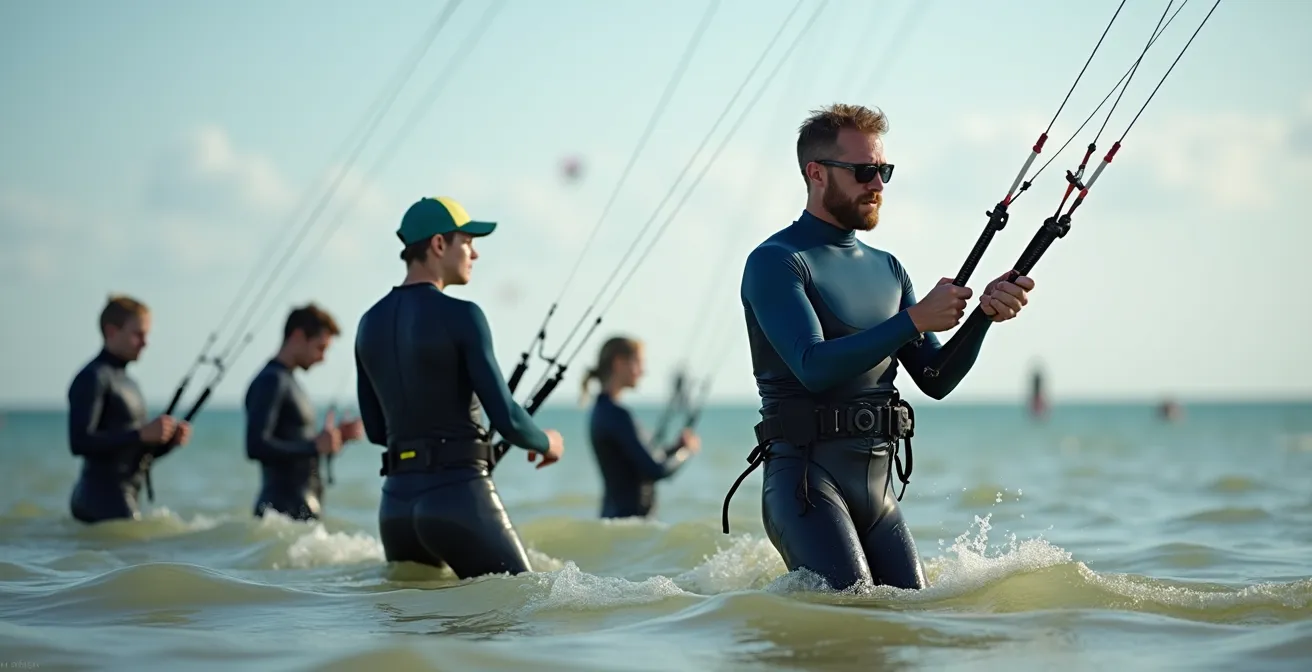 Kitesurfschüler im stehtiefen Wasser während der Schulung
