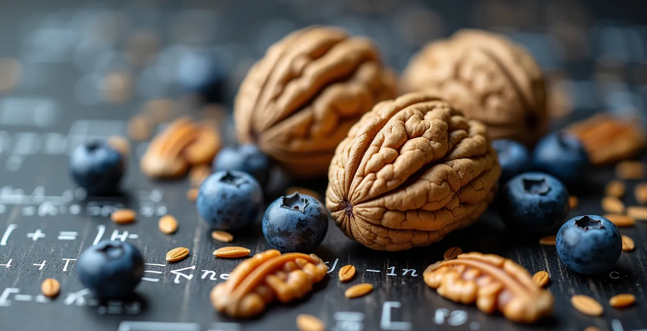 Makroaufnahme von Gehirn-Foods und Lernmaterialien für kognitive Leistungssteigerung