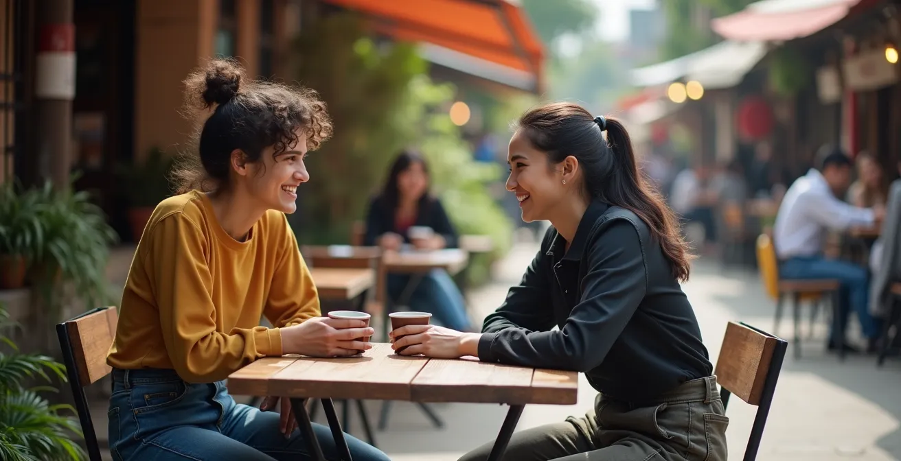 Zwei Personen aus verschiedenen Kulturen im respektvollen Austausch, die Kamera liegt bewusst beiseite, um die Priorität der menschlichen Verbindung zu symbolisieren.