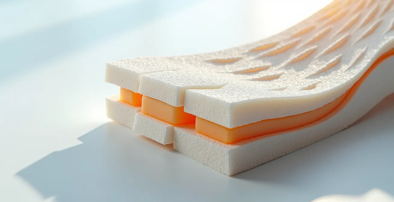 Makroaufnahme einer Sportschuh-Sohle, die technische Details der Materialstruktur zeigt.