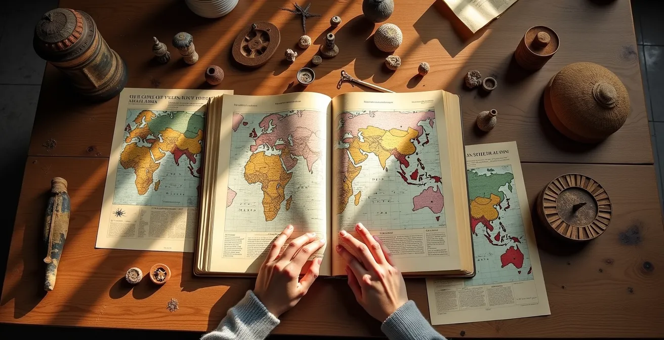 Eine Person bereitet eine Reise vor, umgeben von Notizen, Karten und kulturellen Objekten, die den Prozess der mentalen Dekonstruktion symbolisieren.