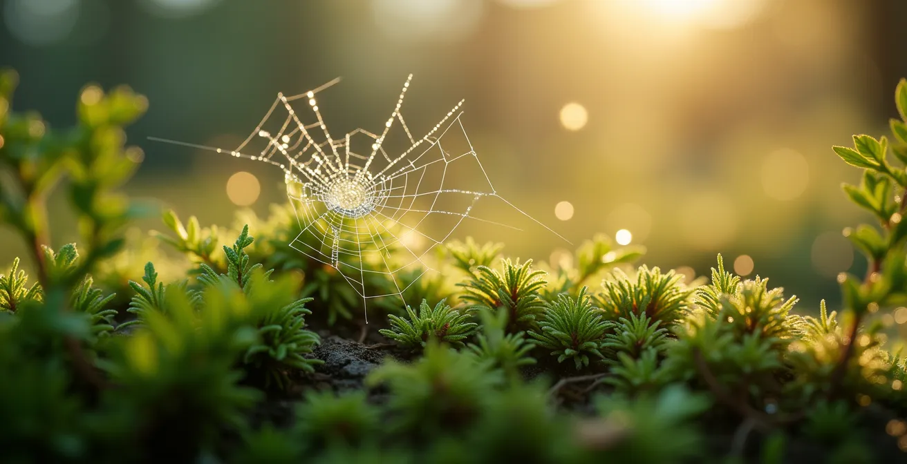 Makroaufnahme von Morgentau auf Waldpflanzen während einer achtsamen Wanderpause