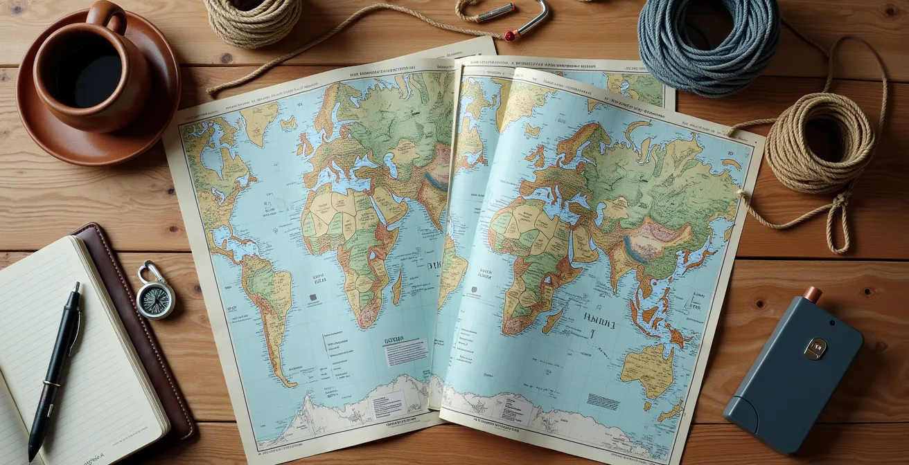 Arbeitsplatz mit verschiedenen Navigationshilfsmitteln für die Tourenplanung