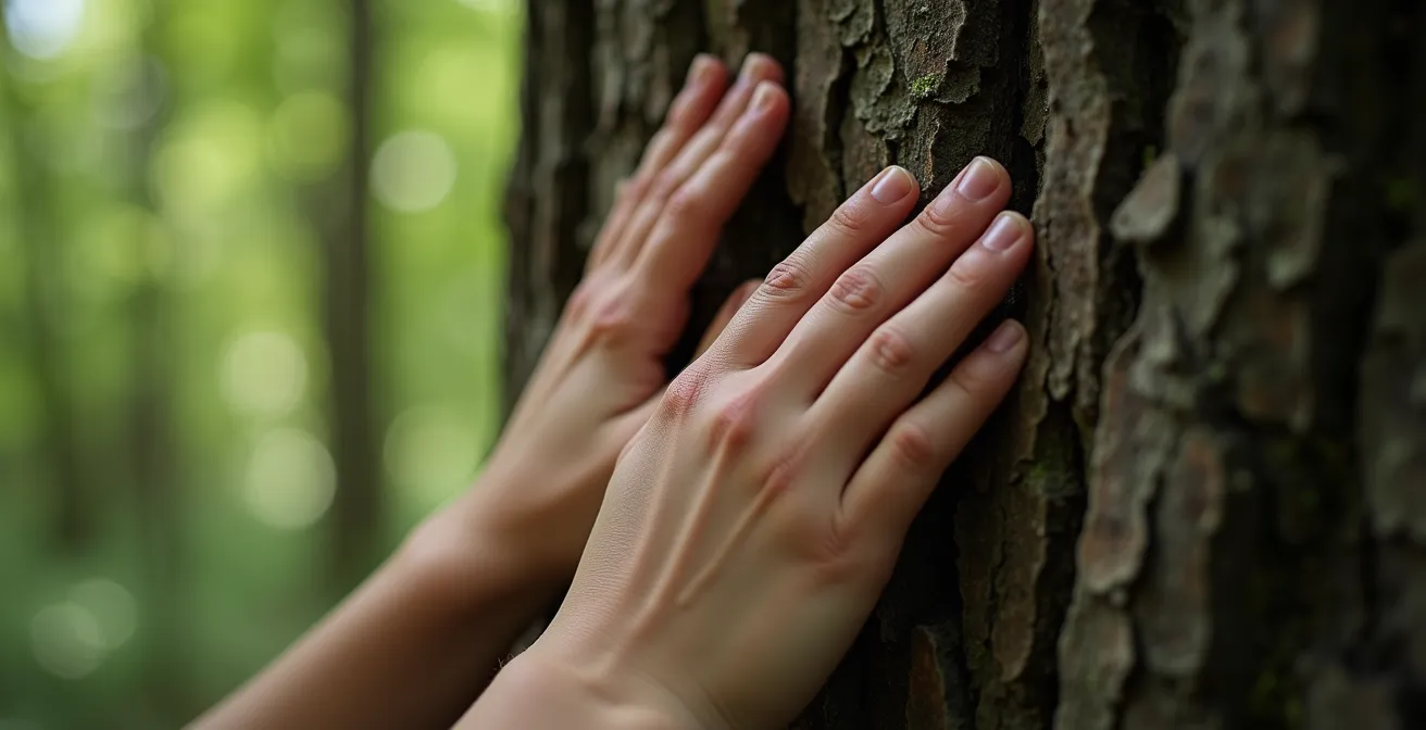 Nahaufnahme von Händen, die sanft Baumrinde im deutschen Wald berühren