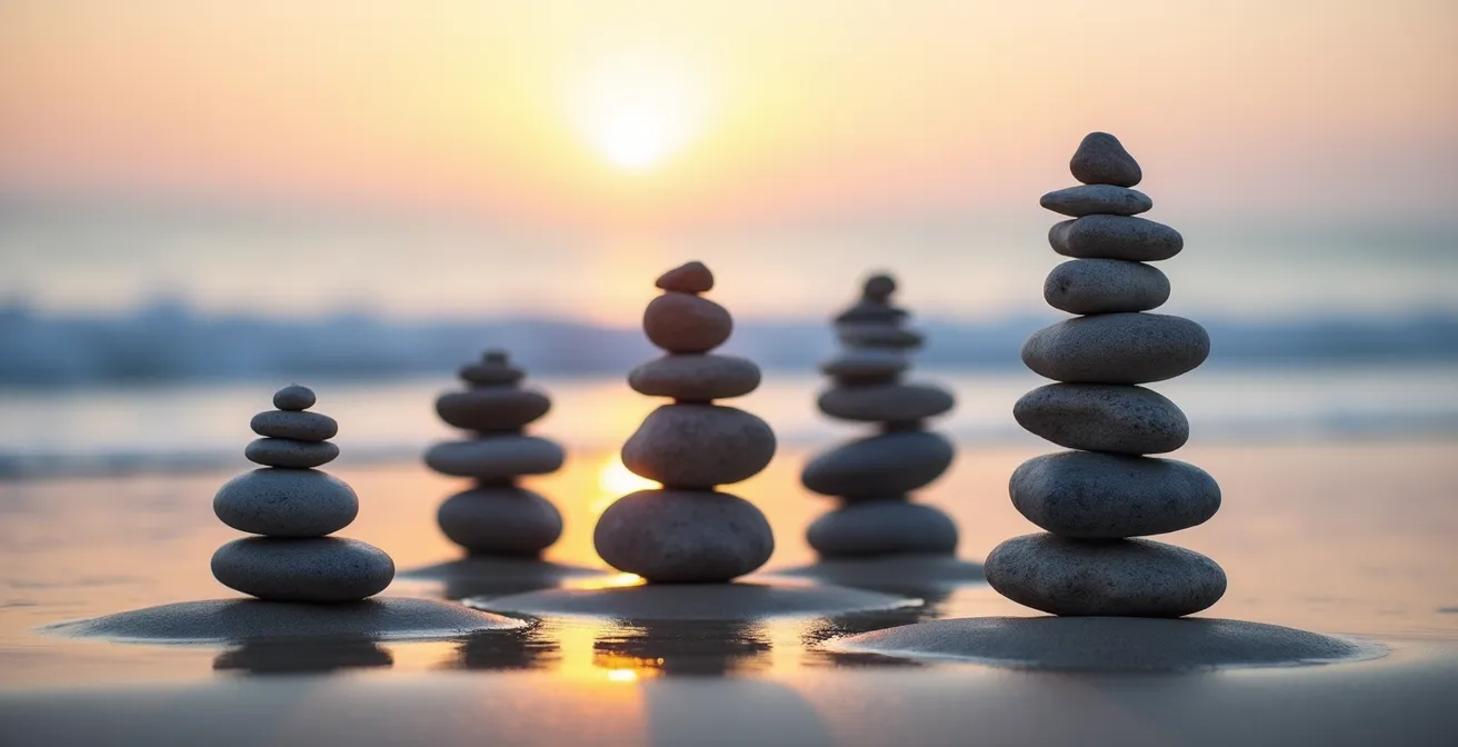 Sieben Steinsäulen in harmonischer Anordnung symbolisieren die Resilienzfaktoren