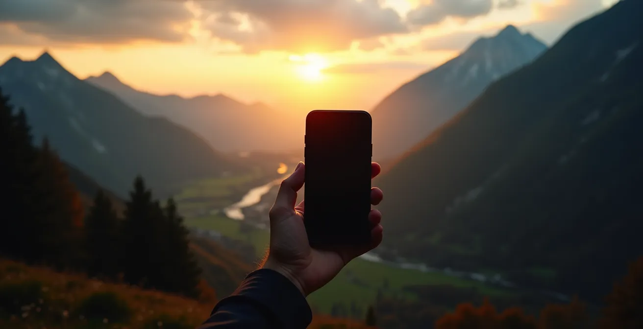 Kontrast zwischen Smartphone-Silhouette und echter Berglandschaft