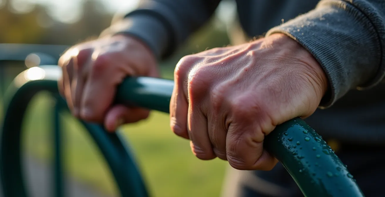 Senior trainiert konzentriert an Outdoor-Fitnessgeräten