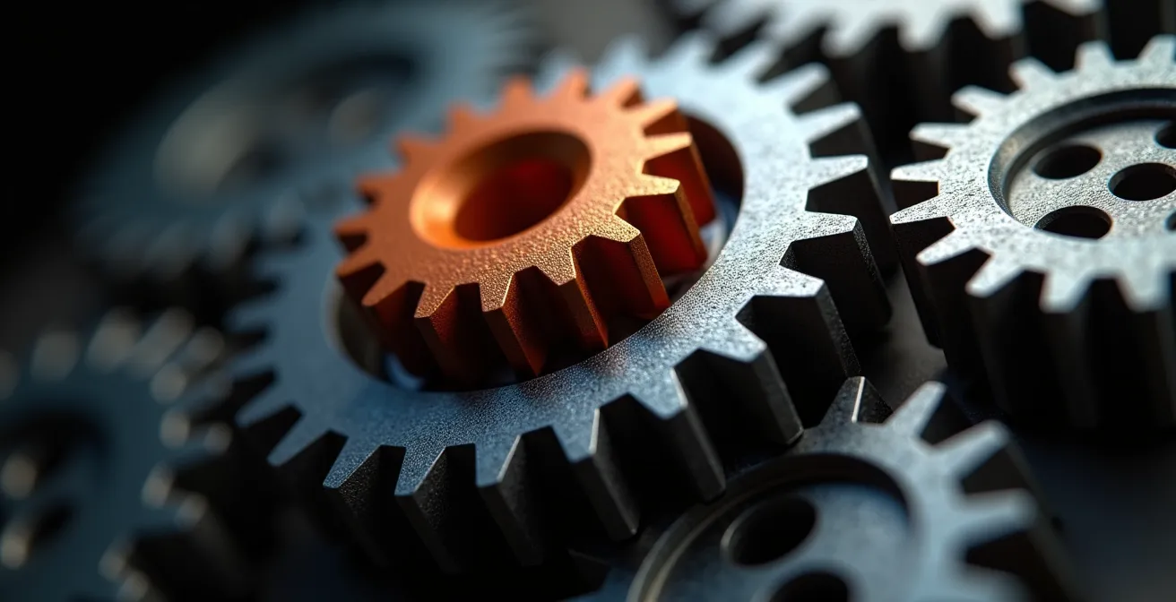 Makroaufnahme von ineinander greifenden Zahnrädern als Metapher für Teamdynamik